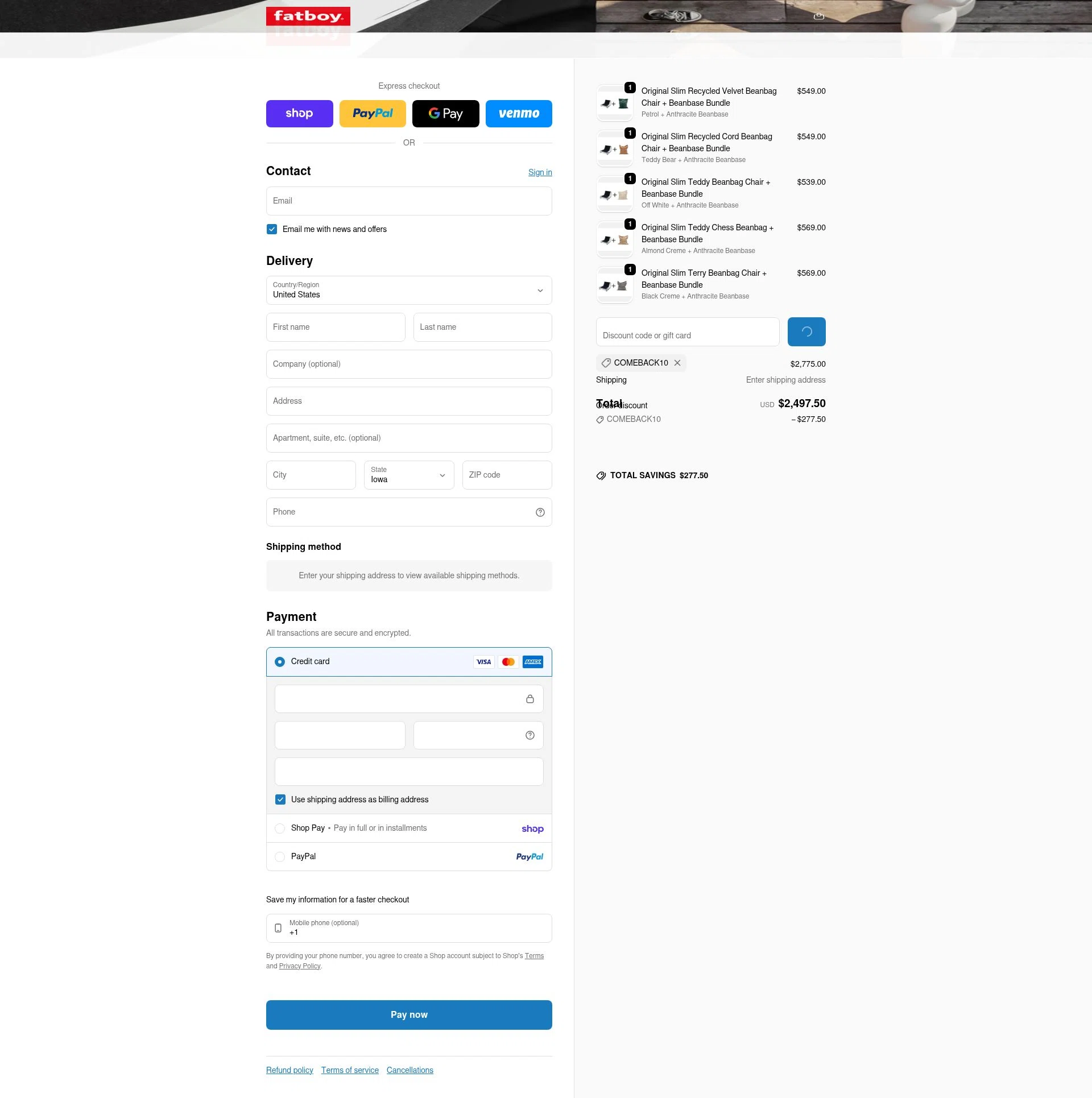 Fatboy checkout page showing Fatboy discount code box | Screenshot taken by SimplyCodes community member on Feb 1, 2026