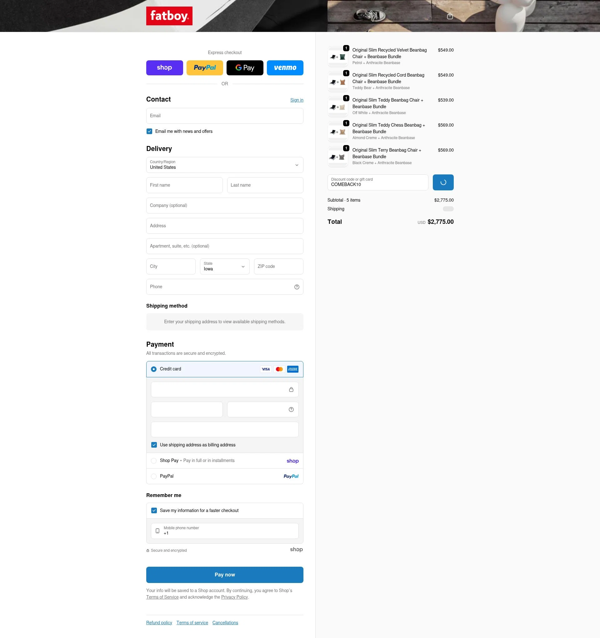 Fatboy checkout page showing Fatboy discount code box | Screenshot taken by SimplyCodes community member on Jan 27, 2026