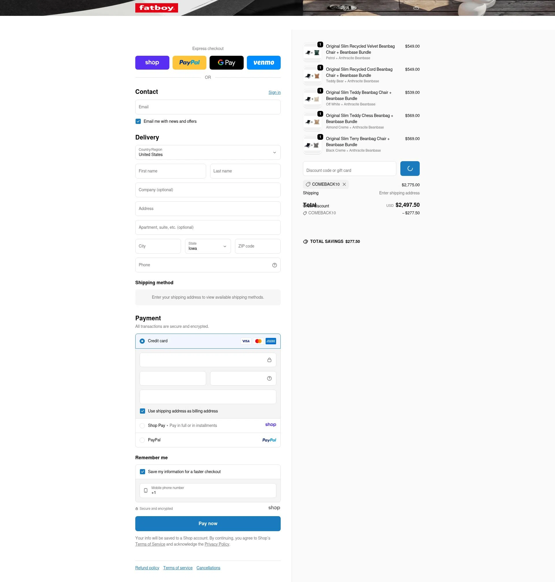 Fatboy checkout page showing Fatboy discount code box | Screenshot taken by SimplyCodes community member on Jan 3, 2026