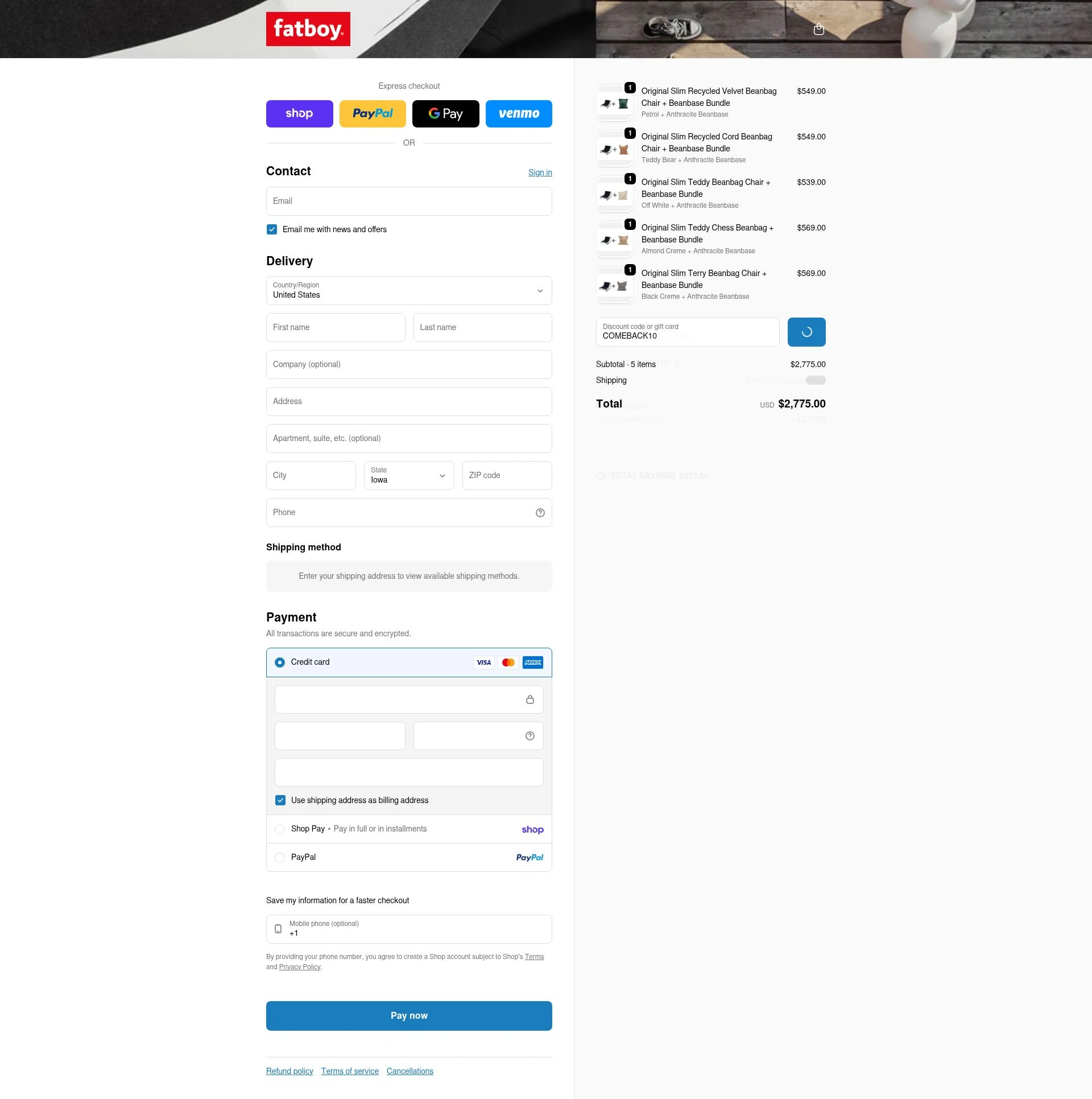 Fatboy checkout page showing Fatboy discount code box | Screenshot taken by SimplyCodes community member on Feb 5, 2026