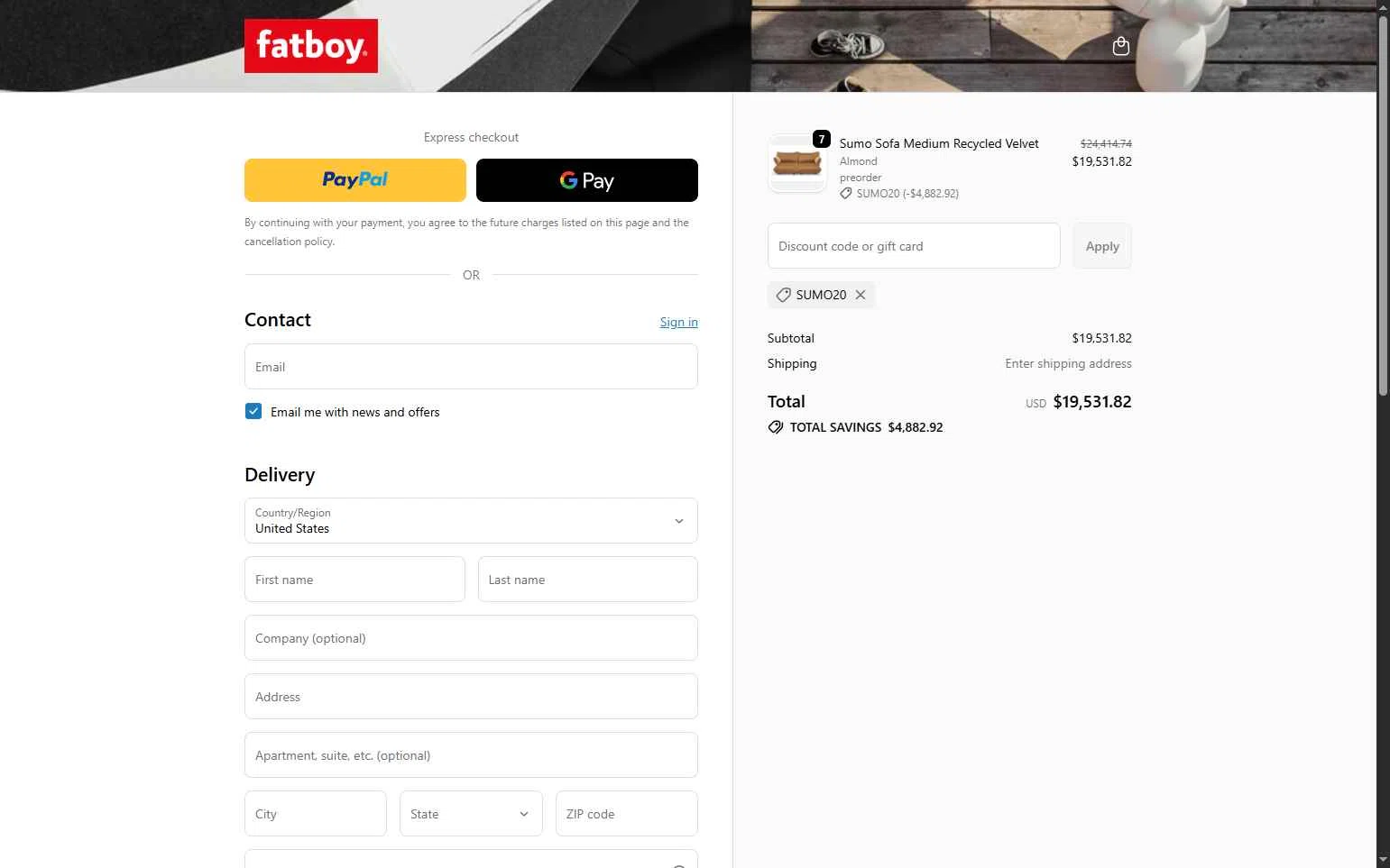 Fatboy checkout page showing Fatboy discount code box | Screenshot taken by SimplyCodes community member on Oct 28, 2025