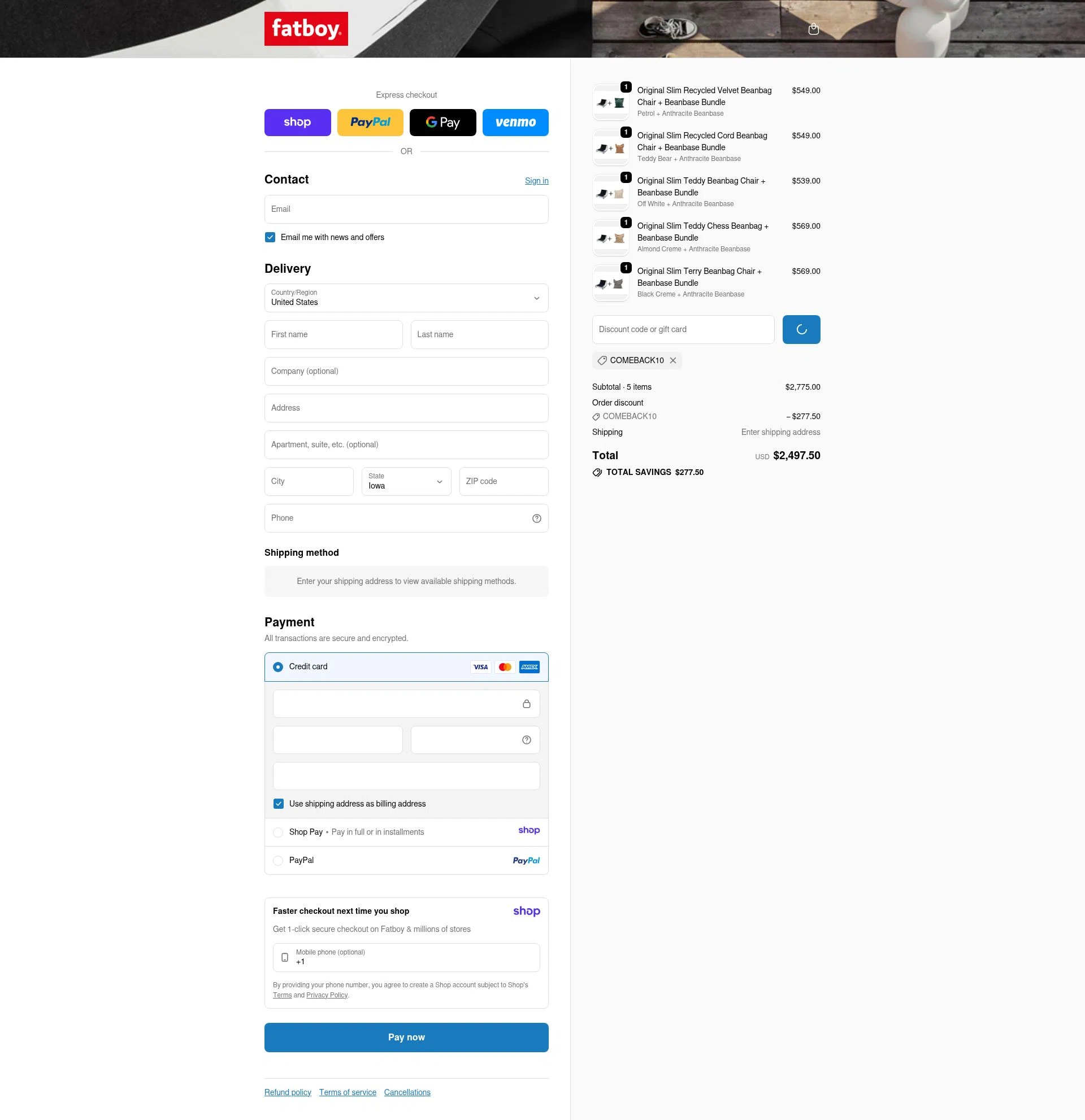 Fatboy checkout page showing Fatboy discount code box | Screenshot taken by SimplyCodes community member on Jan 8, 2026