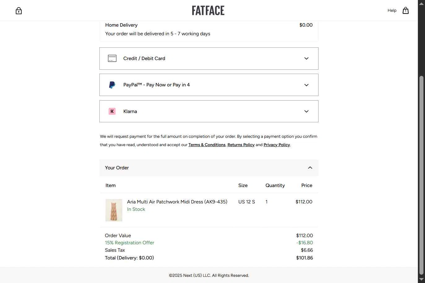 FatFace checkout page showing FatFace promo code box | Screenshot taken by SimplyCodes community member on Jul 17, 2025