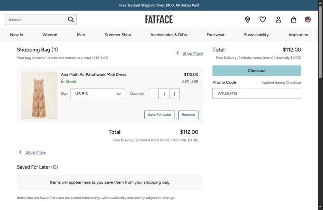 FatFace checkout page showing FatFace promo code box | Screenshot taken by SimplyCodes community member on Jul 17, 2025