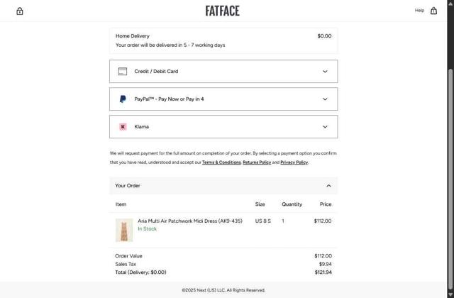 FatFace checkout page showing FatFace promo code box | Screenshot taken by SimplyCodes community member on Jul 17, 2025