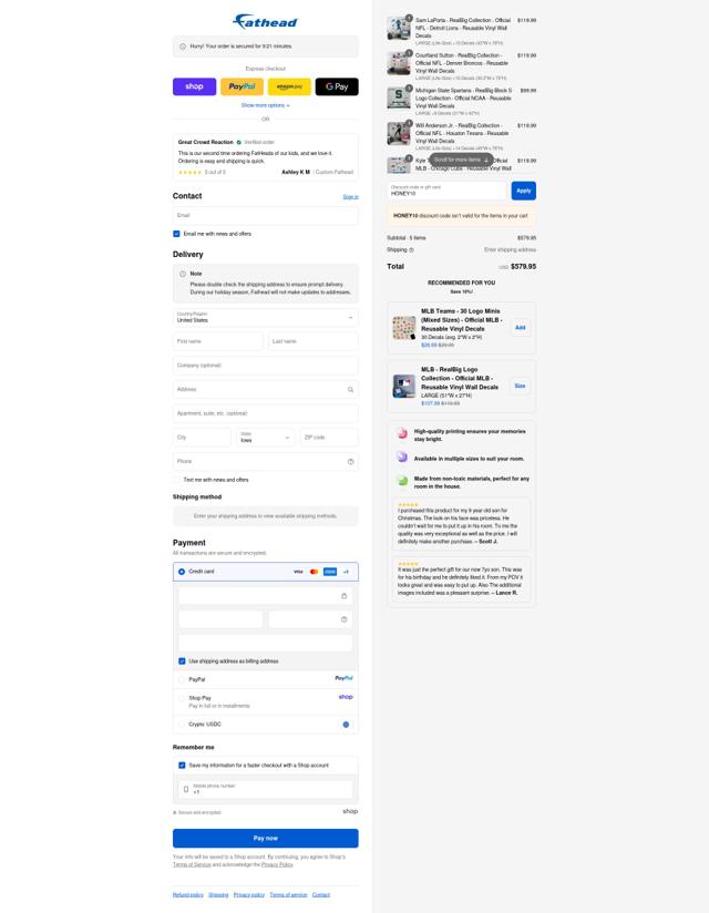 Fathead checkout page showing Fathead promo code box | Screenshot taken by SimplyCodes community member on Sep 16, 2025