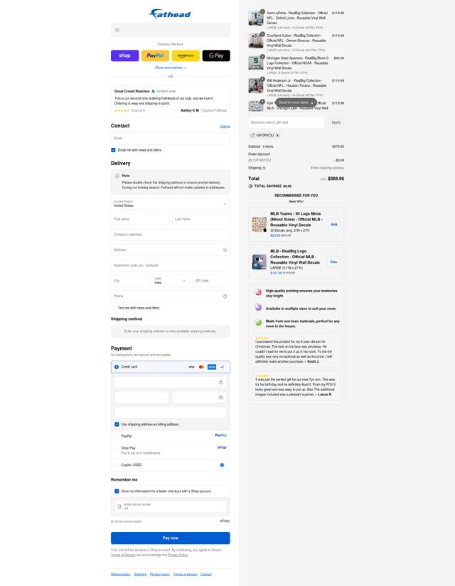 Fathead checkout page showing Fathead promo code box | Screenshot taken by SimplyCodes community member on Sep 16, 2025
