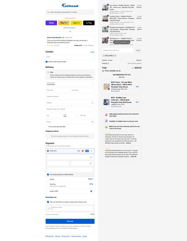 Fathead checkout page showing Fathead promo code box | Screenshot taken by SimplyCodes community member on Sep 16, 2025