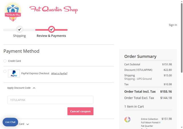 Fat Quarter Shop checkout page showing Fat Quarter Shop discount code box | Screenshot taken by SimplyCodes community member on Jul 10, 2025