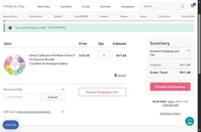 Fat Quarter Shop checkout page showing Fat Quarter Shop discount code box | Screenshot taken by SimplyCodes community member on Aug 4, 2025
