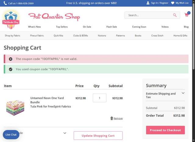 Fat Quarter Shop checkout page showing Fat Quarter Shop discount code box | Screenshot taken by SimplyCodes community member on Jun 4, 2025