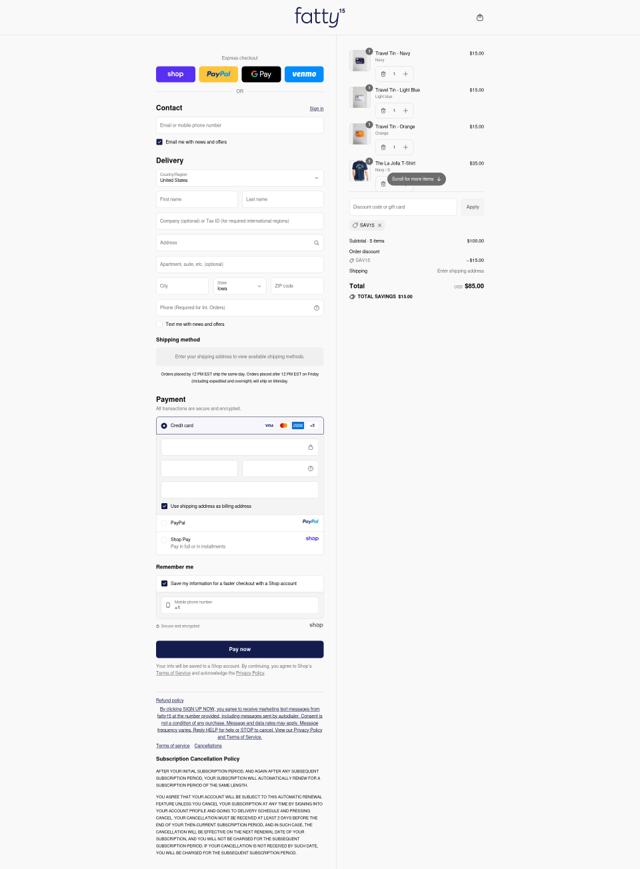 fatty15 checkout page showing fatty15 discount code box | Screenshot taken by SimplyCodes community member on Sep 11, 2025