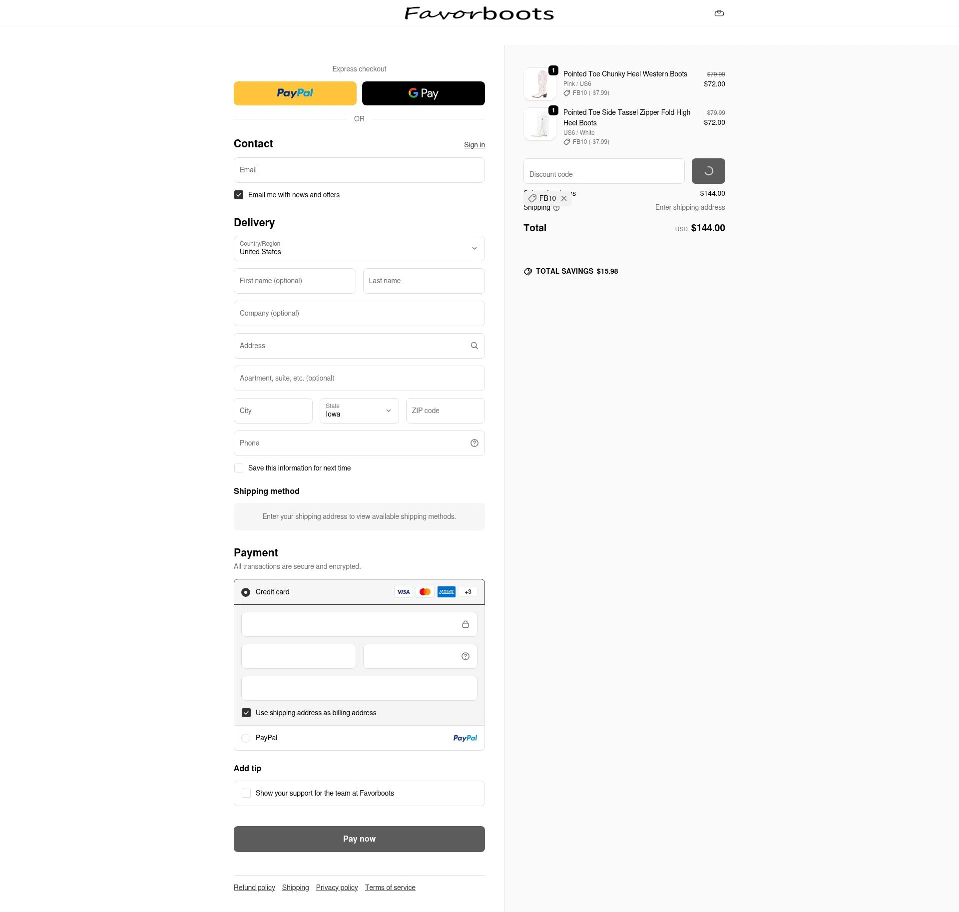 Favorboots checkout page showing Favorboots discount code box | Screenshot taken by SimplyCodes community member on Jan 31, 2026