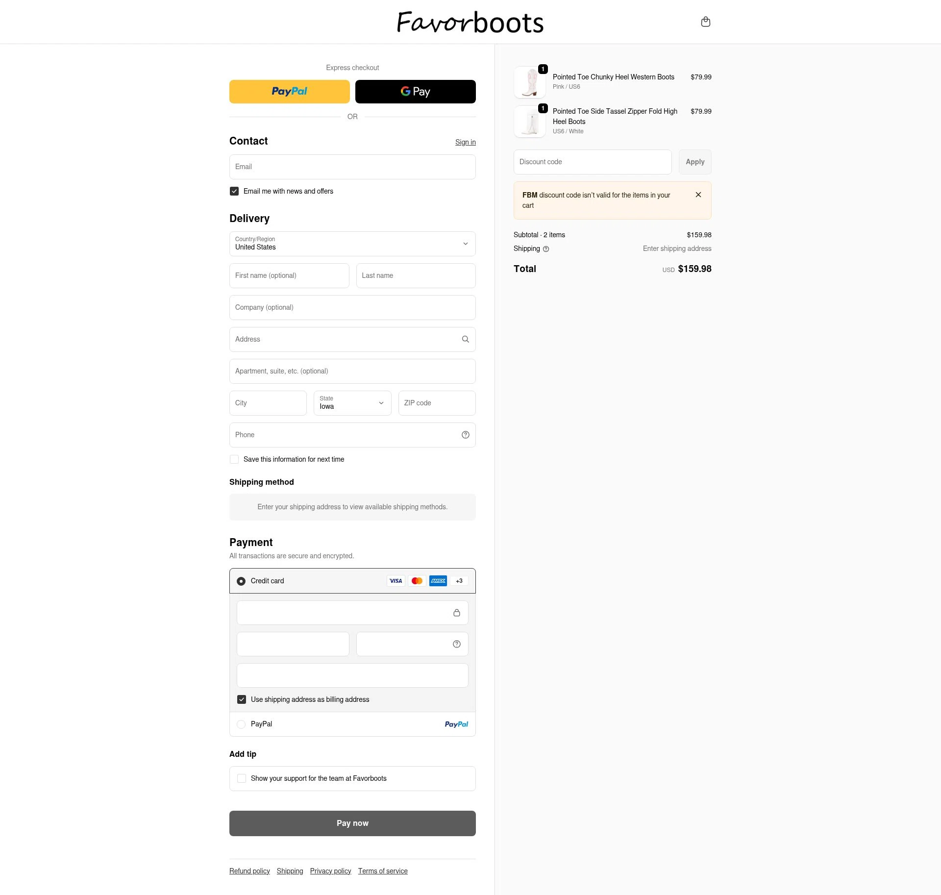 Favorboots checkout page showing Favorboots discount code box | Screenshot taken by SimplyCodes community member on Jan 31, 2026