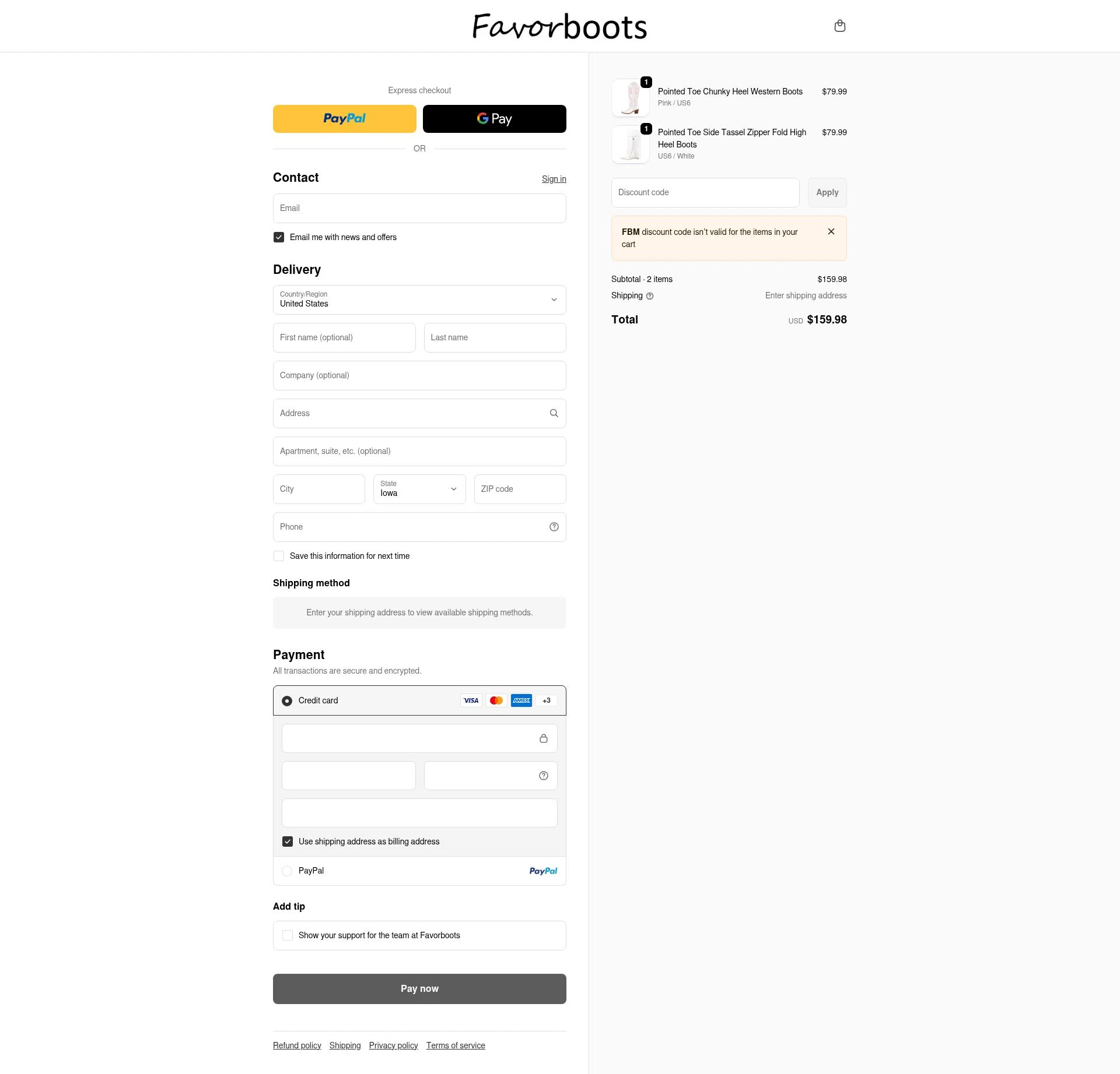 Favorboots checkout page showing Favorboots discount code box | Screenshot taken by SimplyCodes community member on Jan 27, 2026