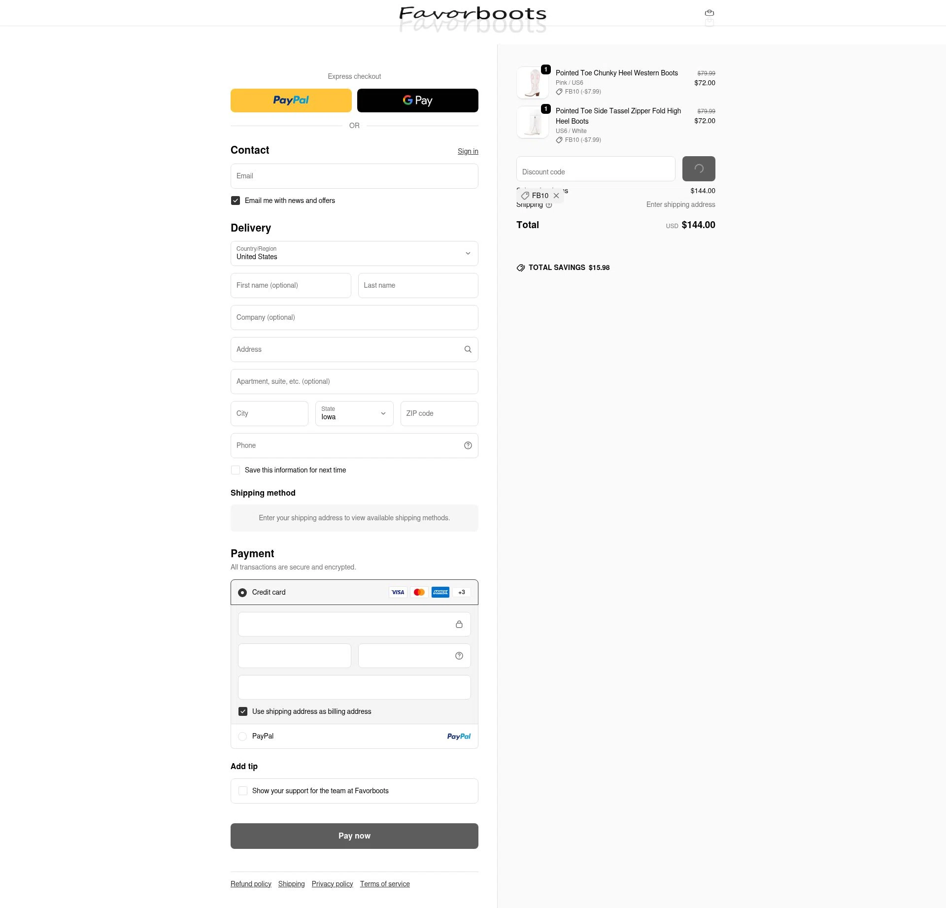 Favorboots checkout page showing Favorboots discount code box | Screenshot taken by SimplyCodes community member on Jan 27, 2026