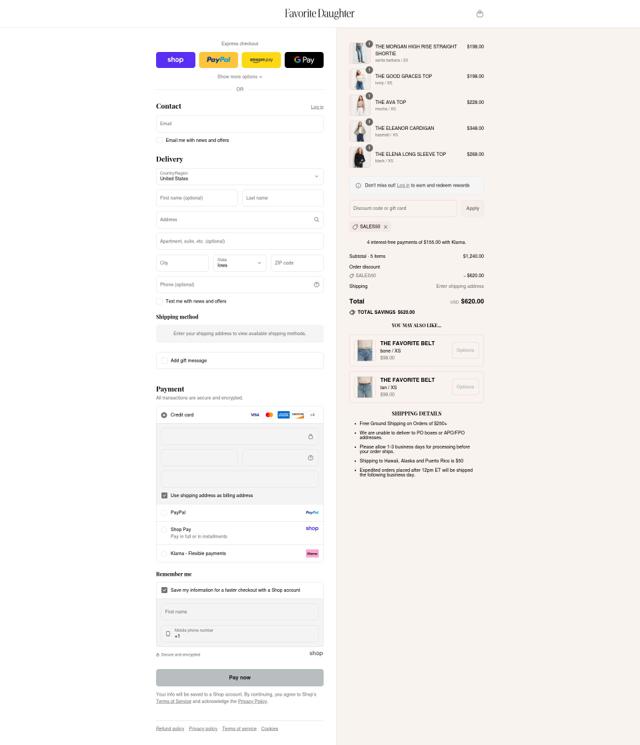 Favorite Daughter checkout page showing Favorite Daughter promo code box | Screenshot taken by SimplyCodes community member on Sep 4, 2025