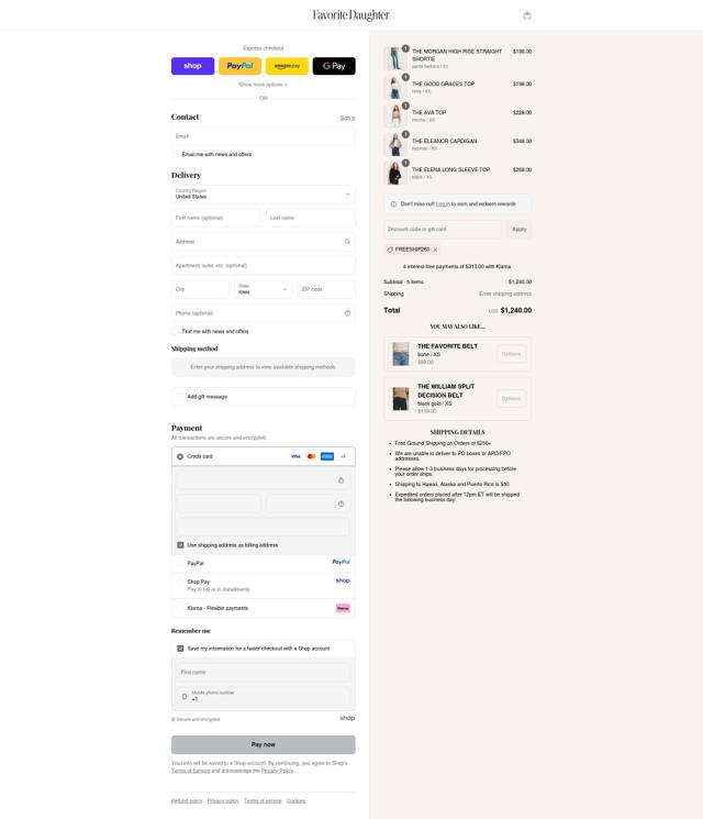 Favorite Daughter checkout page showing Favorite Daughter promo code box | Screenshot taken by SimplyCodes community member on Sep 12, 2025