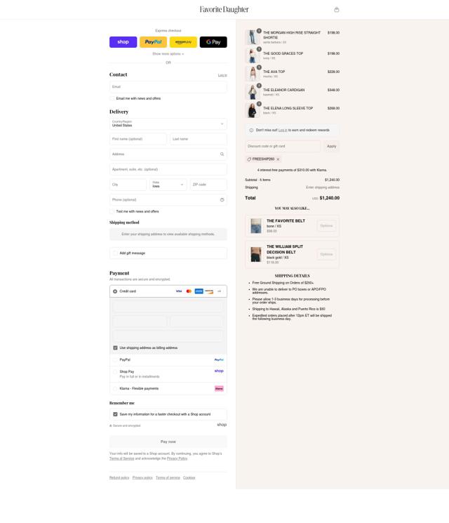 Favorite Daughter checkout page showing Favorite Daughter promo code box | Screenshot taken by SimplyCodes community member on Sep 8, 2025