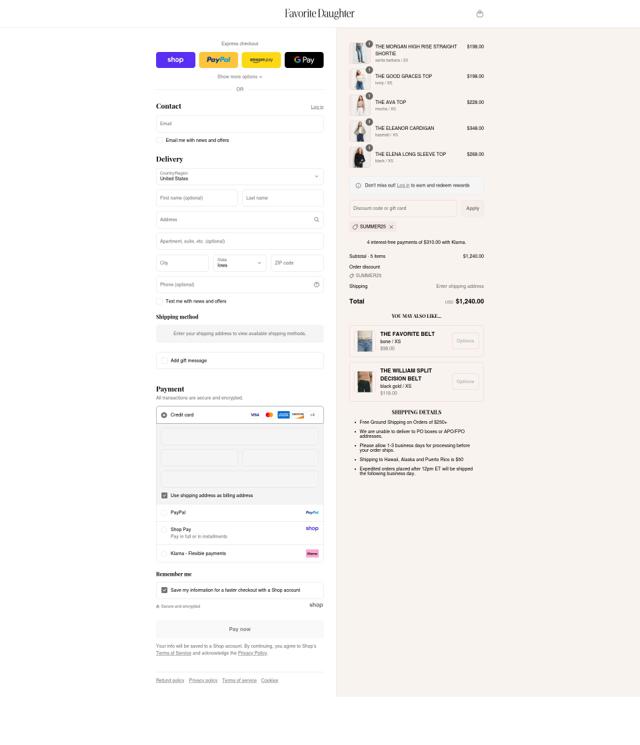Favorite Daughter checkout page showing Favorite Daughter promo code box | Screenshot taken by SimplyCodes community member on Aug 31, 2025