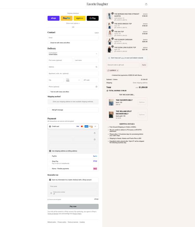 Favorite Daughter checkout page showing Favorite Daughter promo code box | Screenshot taken by SimplyCodes community member on Sep 8, 2025