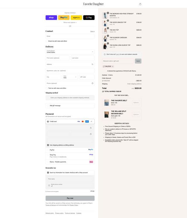 Favorite Daughter checkout page showing Favorite Daughter promo code box | Screenshot taken by SimplyCodes community member on Sep 12, 2025