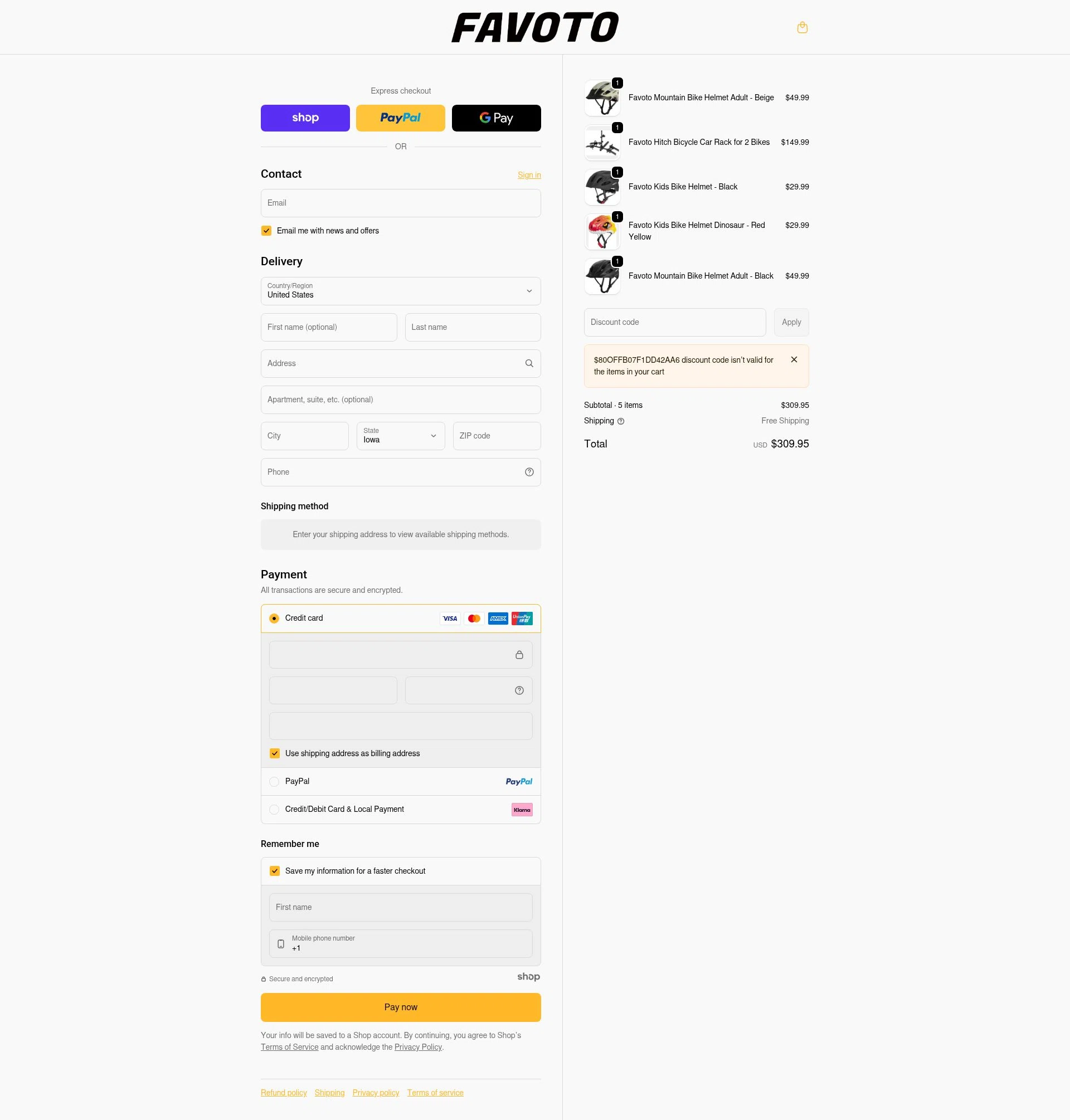 Favoto checkout page showing Favoto promo code box | Screenshot taken by SimplyCodes community member on Jan 7, 2026