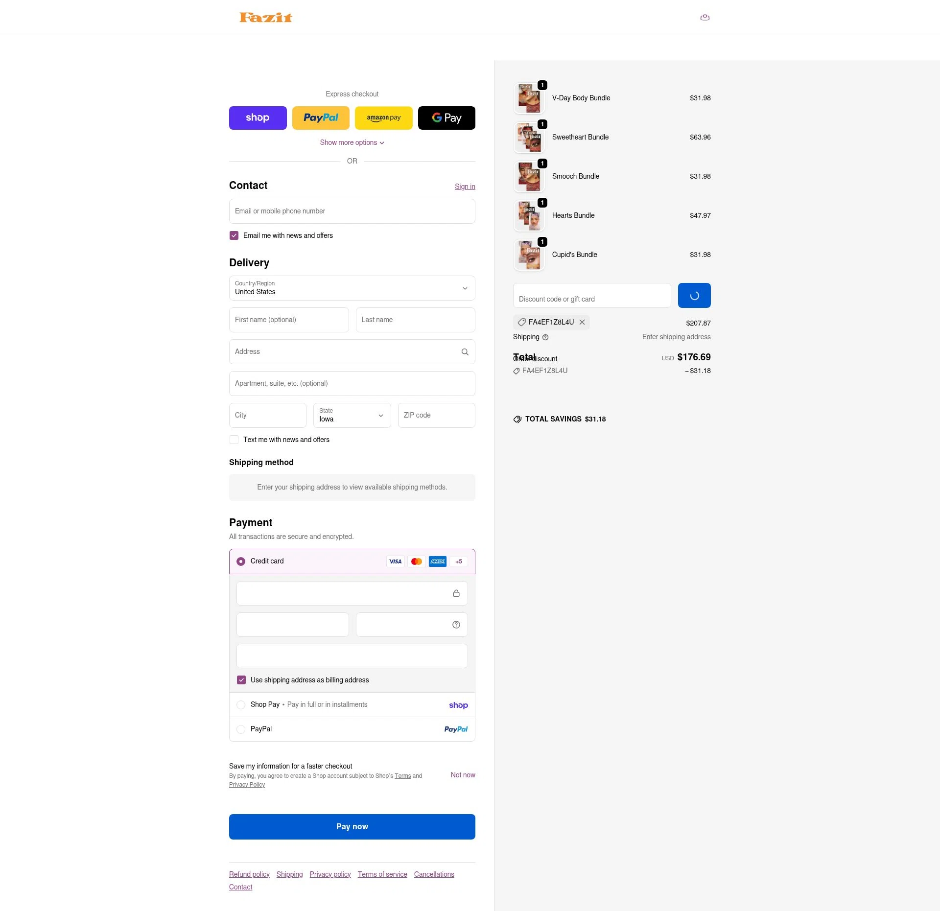 Fazit checkout page showing Fazit coupon code box | Screenshot taken by SimplyCodes community member on Feb 18, 2026