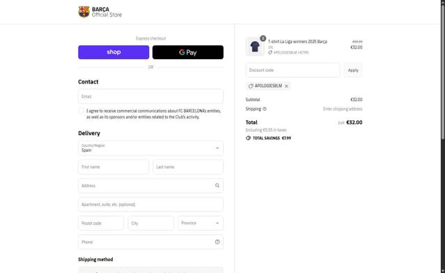 FC Barcelona checkout page showing FC Barcelona promo code box | Screenshot taken by SimplyCodes community member on Aug 14, 2025