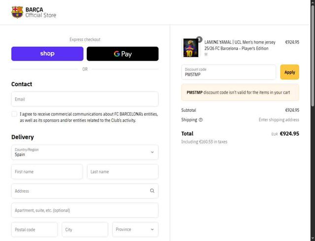 FC Barcelona checkout page showing FC Barcelona promo code box | Screenshot taken by SimplyCodes community member on Sep 5, 2025