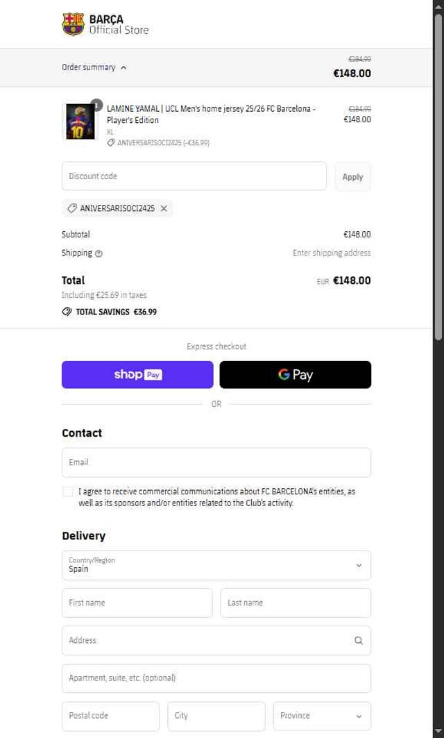 FC Barcelona checkout page showing FC Barcelona promo code box | Screenshot taken by SimplyCodes community member on Aug 14, 2025