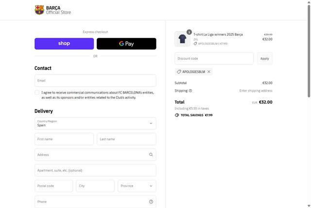 FC Barcelona checkout page showing FC Barcelona promo code box | Screenshot taken by SimplyCodes community member on Sep 5, 2025