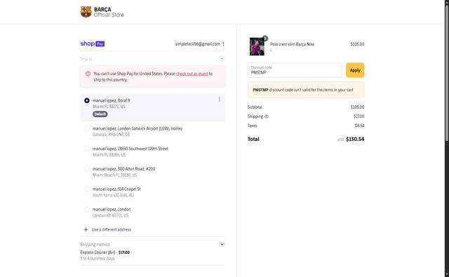 FC Barcelona checkout page showing FC Barcelona promo code box | Screenshot taken by SimplyCodes community member on Aug 14, 2025