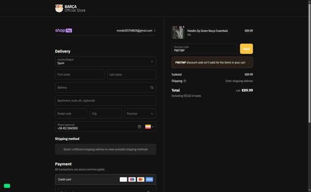FC Barcelona checkout page showing FC Barcelona promo code box | Screenshot taken by SimplyCodes community member on Aug 25, 2025