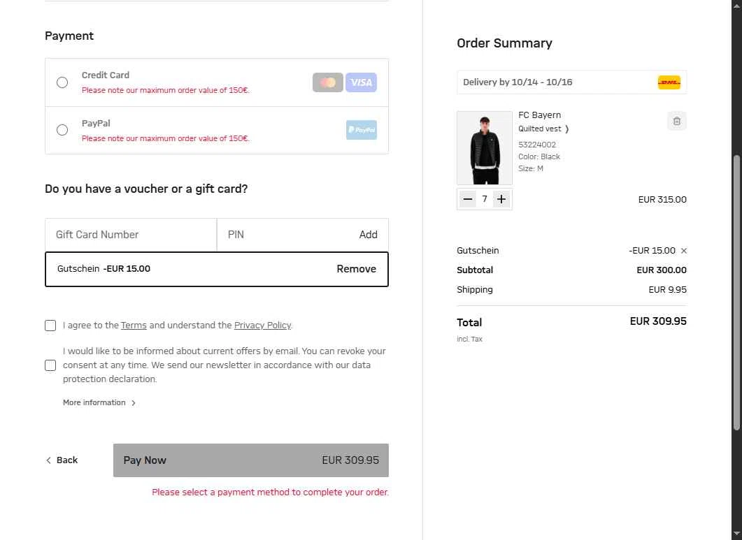 FC Bayern checkout page showing FC Bayern promo code box | Screenshot taken by SimplyCodes community member on Oct 12, 2025