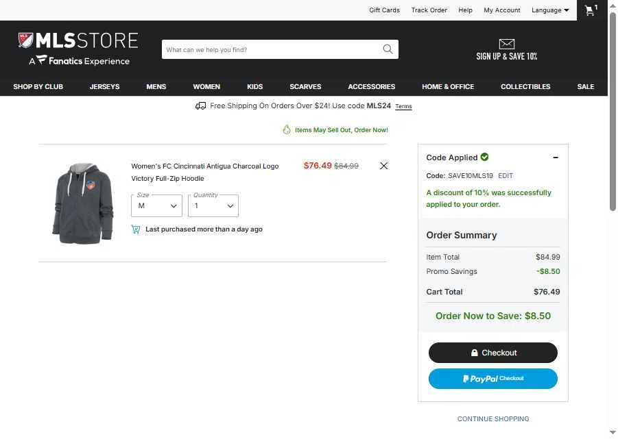 FC Cincinnati checkout page showing FC Cincinnati promo code box | Screenshot taken by SimplyCodes community member on Jan 14, 2026