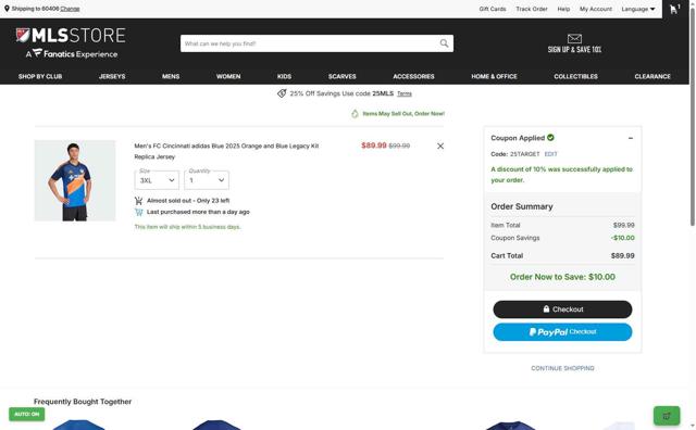 FC Cincinnati checkout page showing FC Cincinnati promo code box | Screenshot taken by SimplyCodes community member on Sep 9, 2025