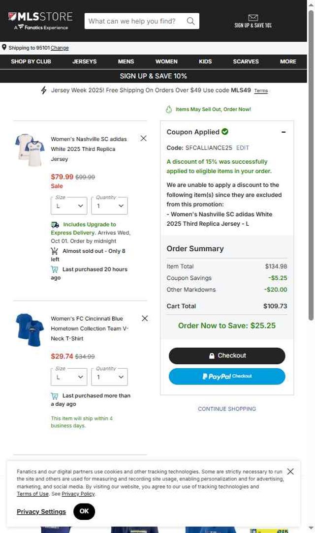 FC Cincinnati checkout page showing FC Cincinnati promo code box | Screenshot taken by SimplyCodes community member on Sep 27, 2025