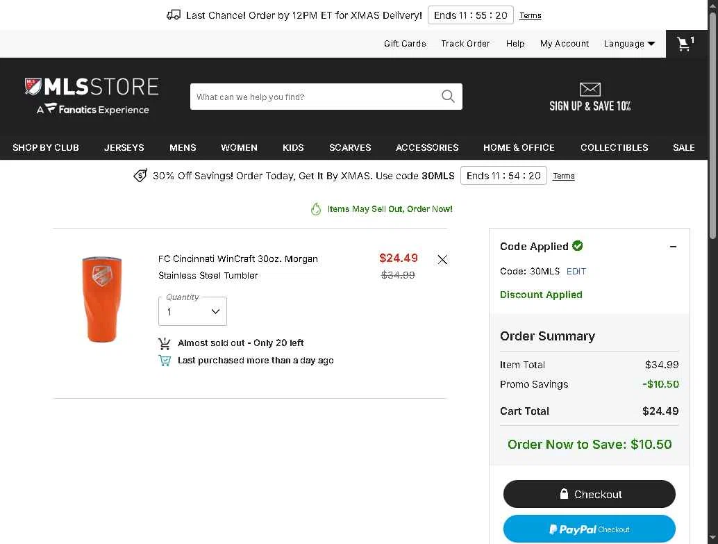 FC Cincinnati checkout page showing FC Cincinnati promo code box | Screenshot taken by SimplyCodes community member on Dec 22, 2025