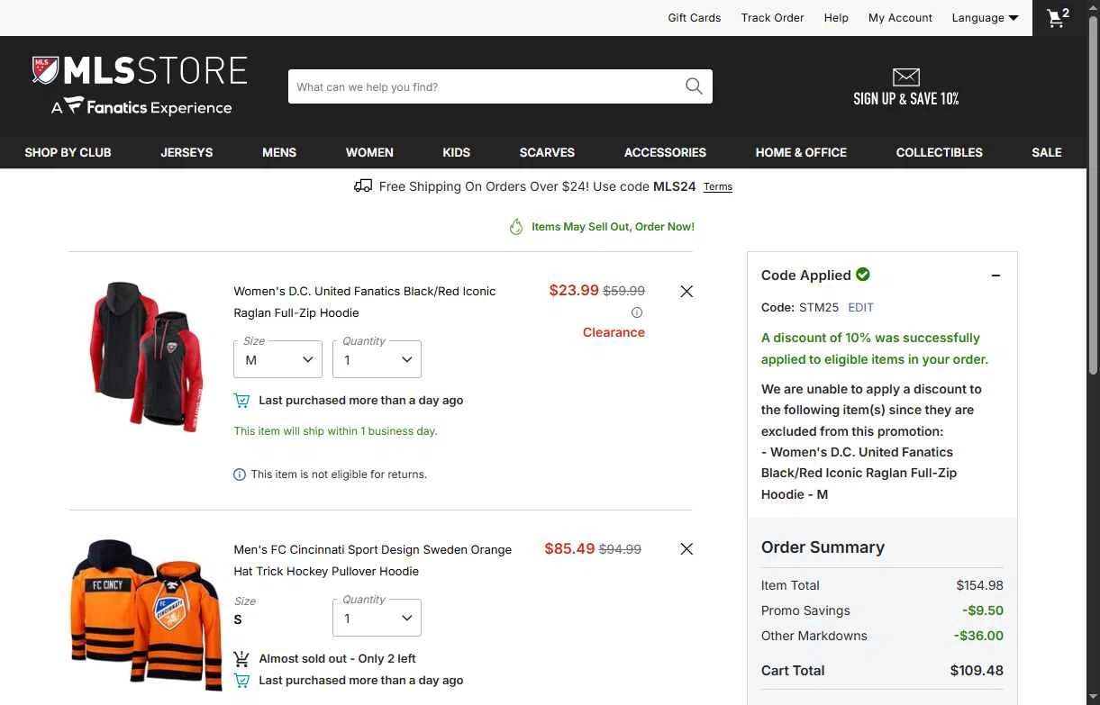 FC Cincinnati checkout page showing FC Cincinnati promo code box | Screenshot taken by SimplyCodes community member on Jan 15, 2026