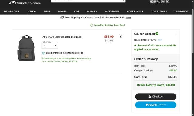 FC Cincinnati checkout page showing FC Cincinnati promo code box | Screenshot taken by SimplyCodes community member on Oct 3, 2025