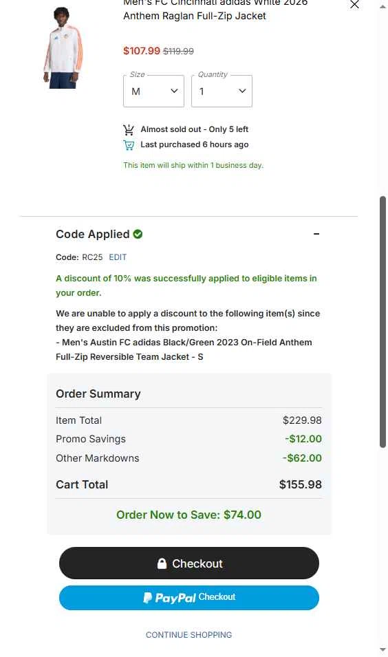 FC Cincinnati checkout page showing FC Cincinnati promo code box | Screenshot taken by SimplyCodes community member on Jan 31, 2026