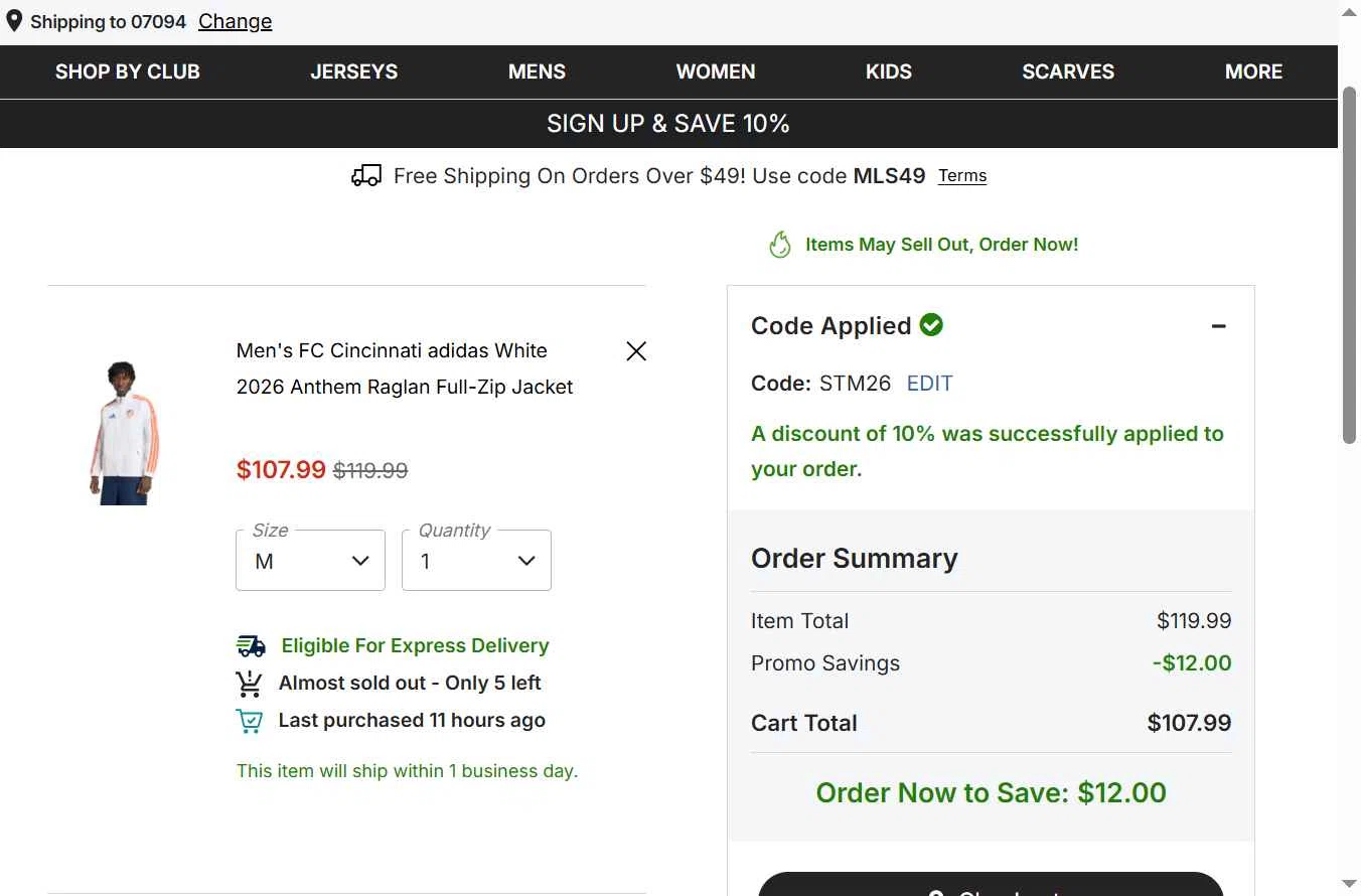 FC Cincinnati checkout page showing FC Cincinnati promo code box | Screenshot taken by SimplyCodes community member on Feb 1, 2026