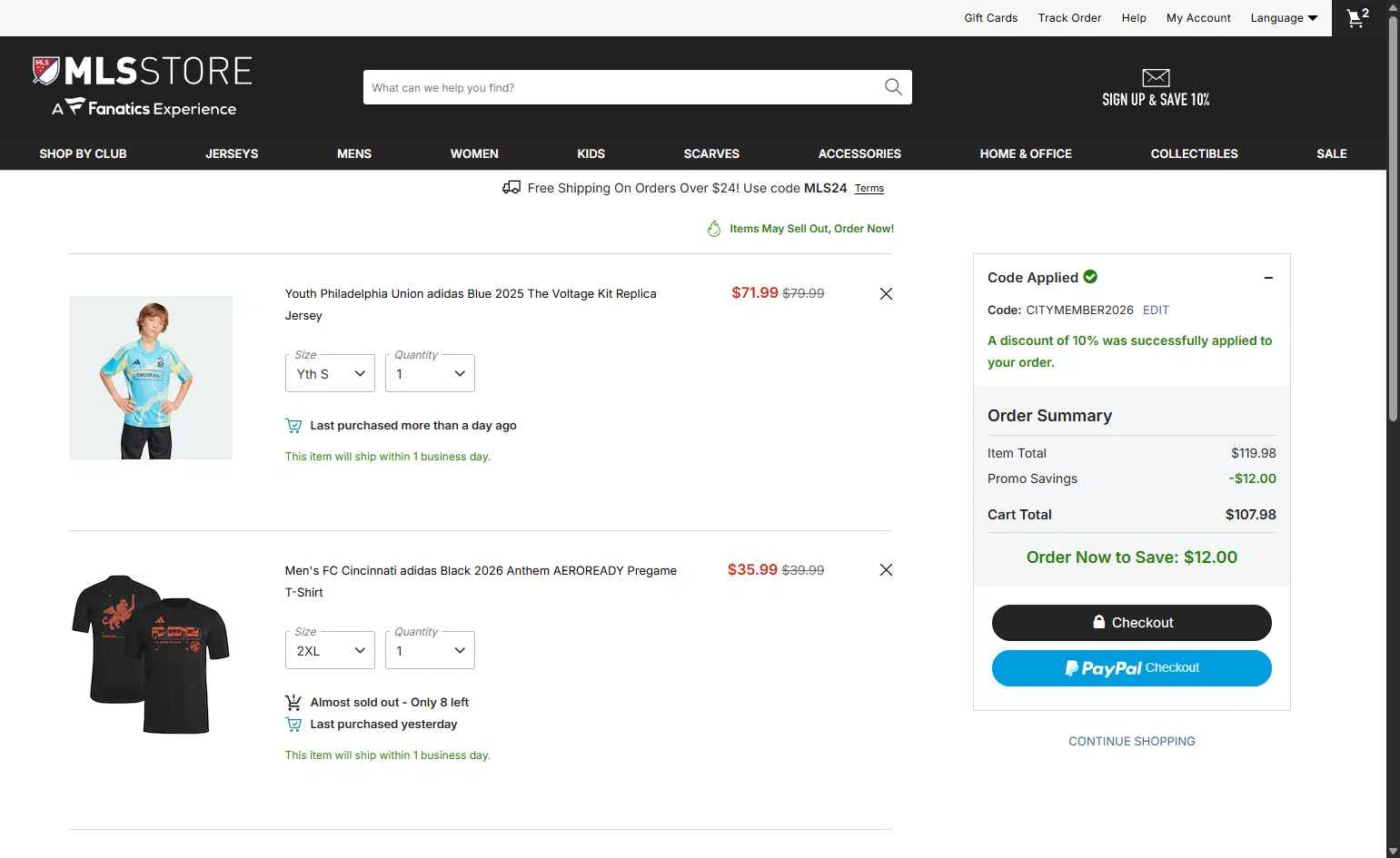 FC Cincinnati checkout page showing FC Cincinnati promo code box | Screenshot taken by SimplyCodes community member on Feb 5, 2026