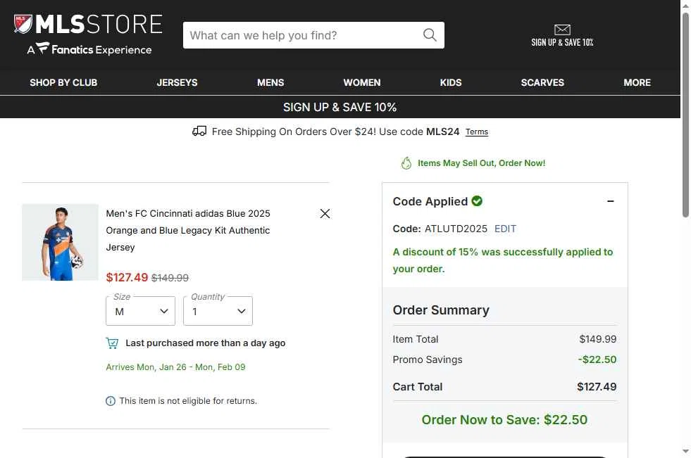 FC Cincinnati checkout page showing FC Cincinnati promo code box | Screenshot taken by SimplyCodes community member on Jan 4, 2026
