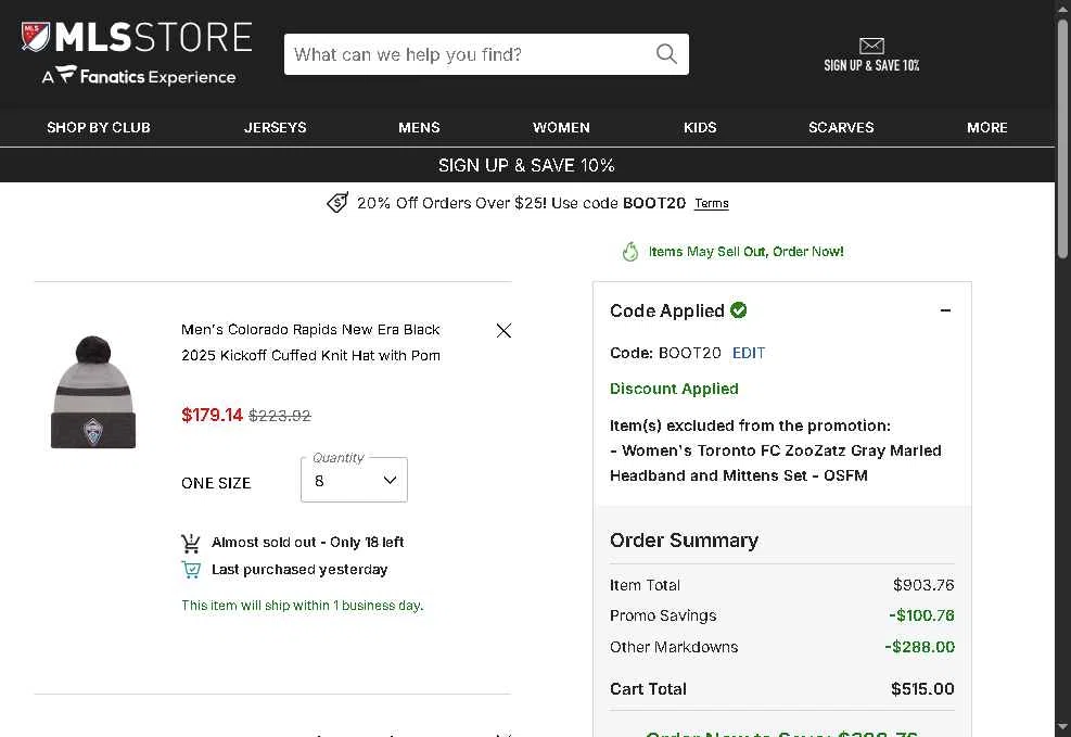 FC Cincinnati checkout page showing FC Cincinnati promo code box | Screenshot taken by SimplyCodes community member on Jan 16, 2026