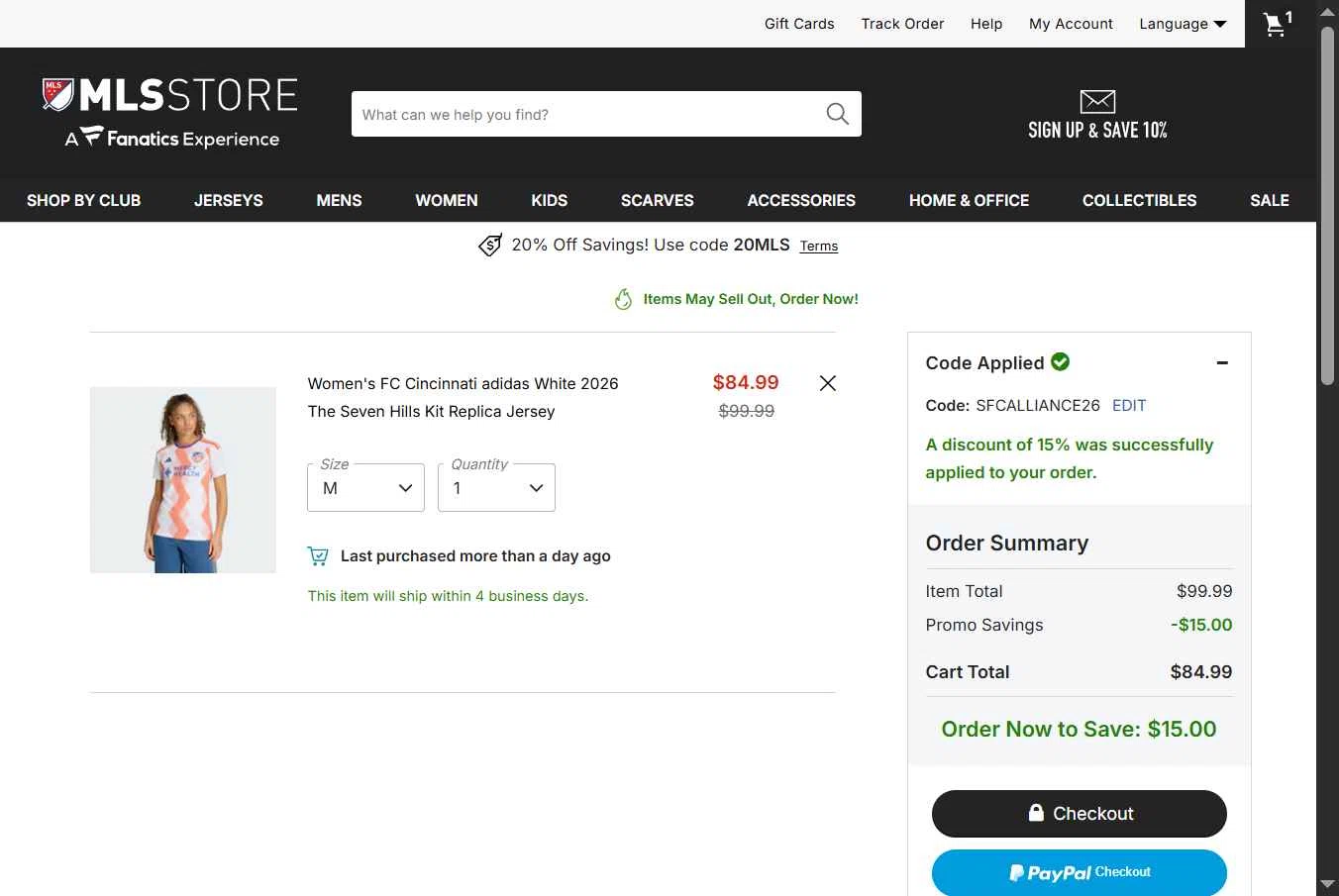 FC Cincinnati checkout page showing FC Cincinnati promo code box | Screenshot taken by SimplyCodes community member on Feb 25, 2026