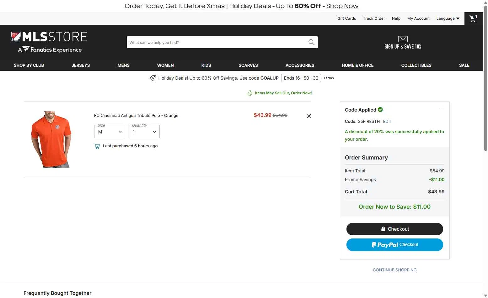 FC Cincinnati checkout page showing FC Cincinnati promo code box | Screenshot taken by SimplyCodes community member on Dec 21, 2025