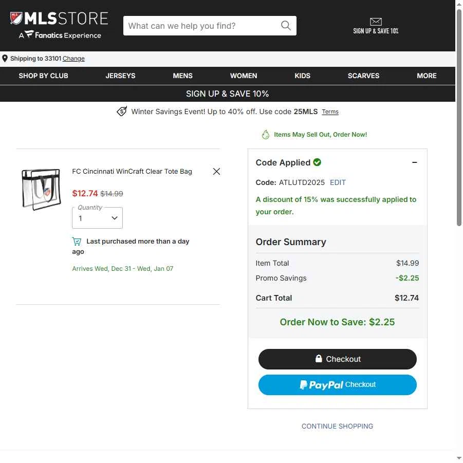 FC Cincinnati checkout page showing FC Cincinnati promo code box | Screenshot taken by SimplyCodes community member on Dec 24, 2025
