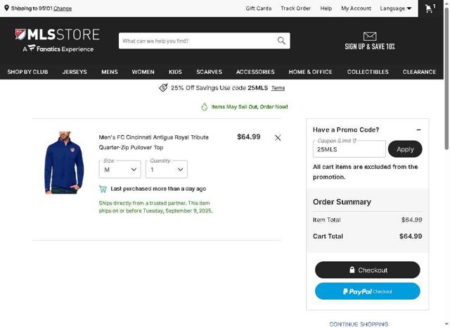 FC Cincinnati checkout page showing FC Cincinnati promo code box | Screenshot taken by SimplyCodes community member on Sep 8, 2025